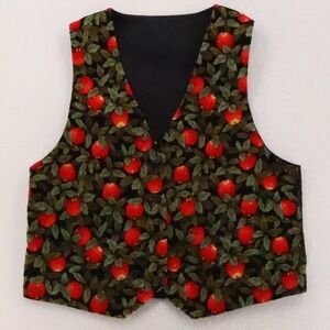 Apple Print Corduroy Vest Womens Size L Teacher Folksy Quirky Handmade Cottage